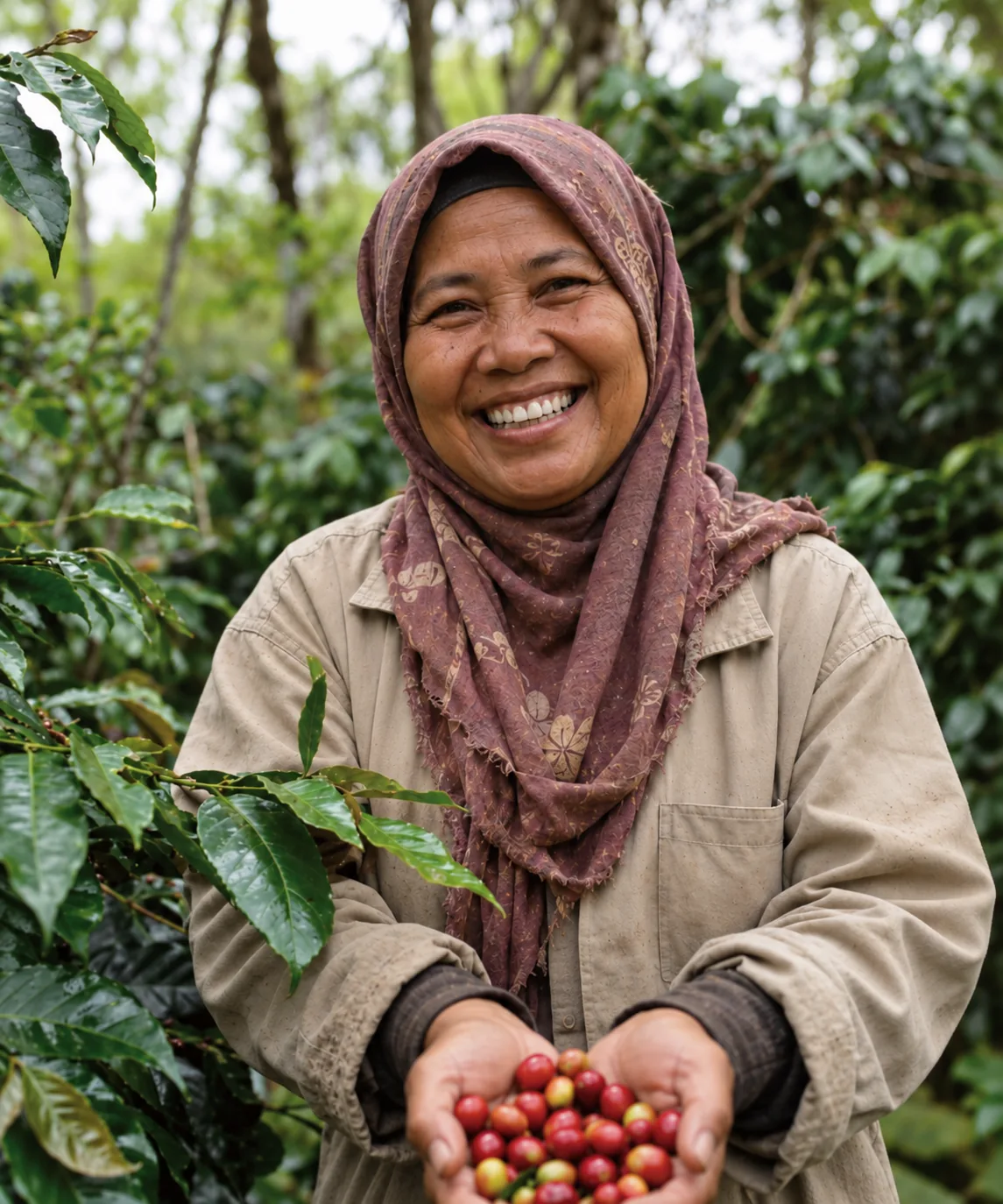 A coffee farmer smiling and holding freshly picked coffee cherries